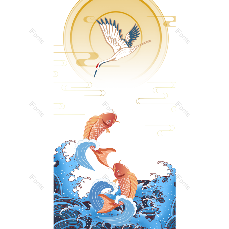 中国风图片,锦鲤元素,仙鹤PNG,中国免抠素材